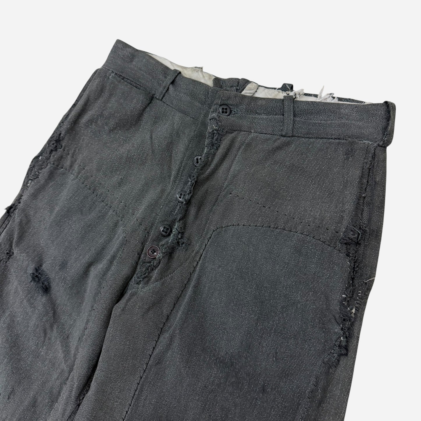 1940s Heavily repaired button fly salt & pepper cotton work pants (29w)