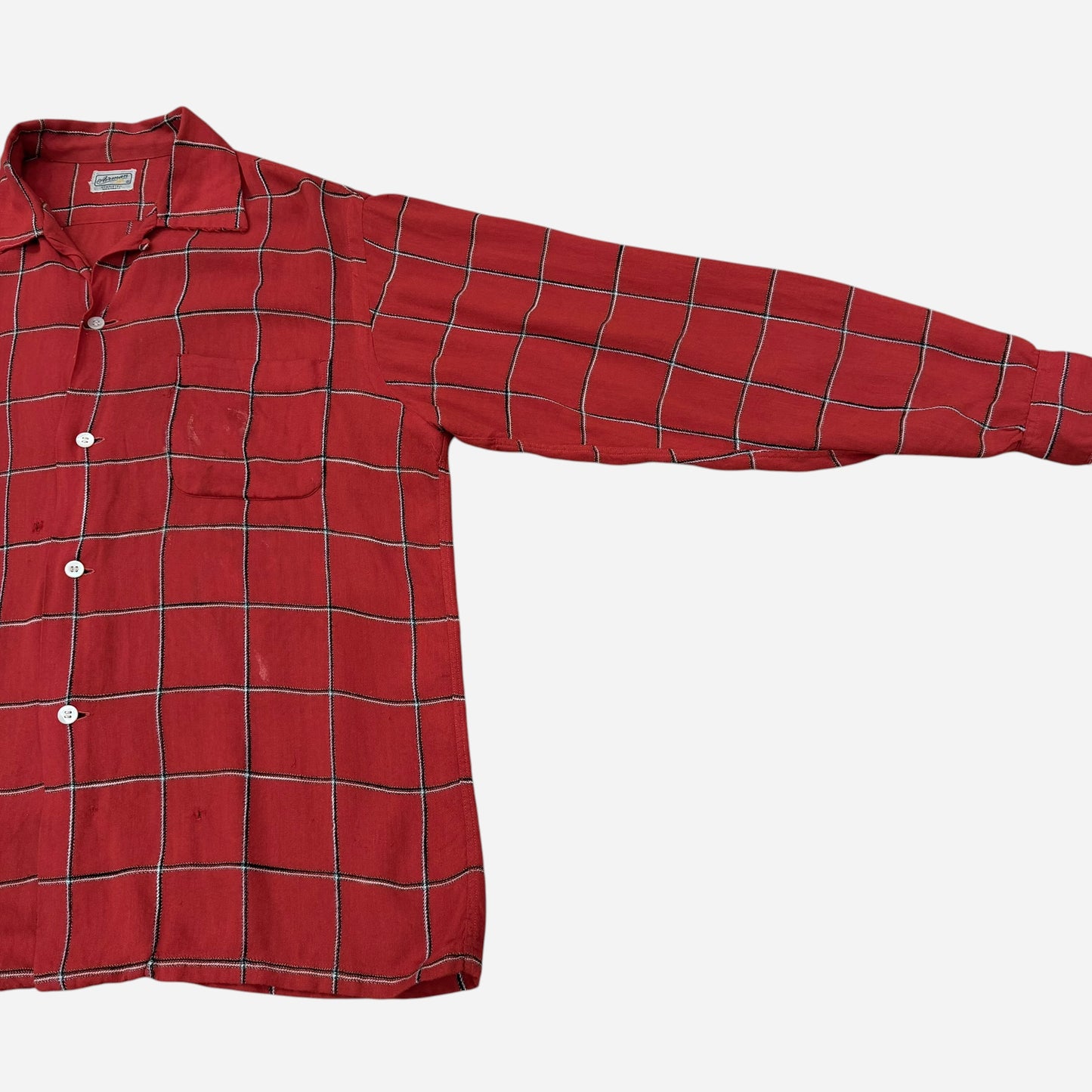 1950s Red rayon loop collar shirt (L)