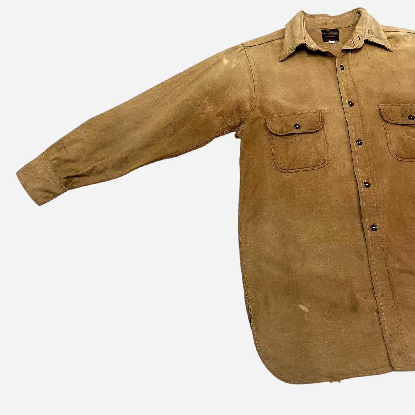 1940s Indestructo tan heavy cotton “suede cloth” work shirt (M/L)
