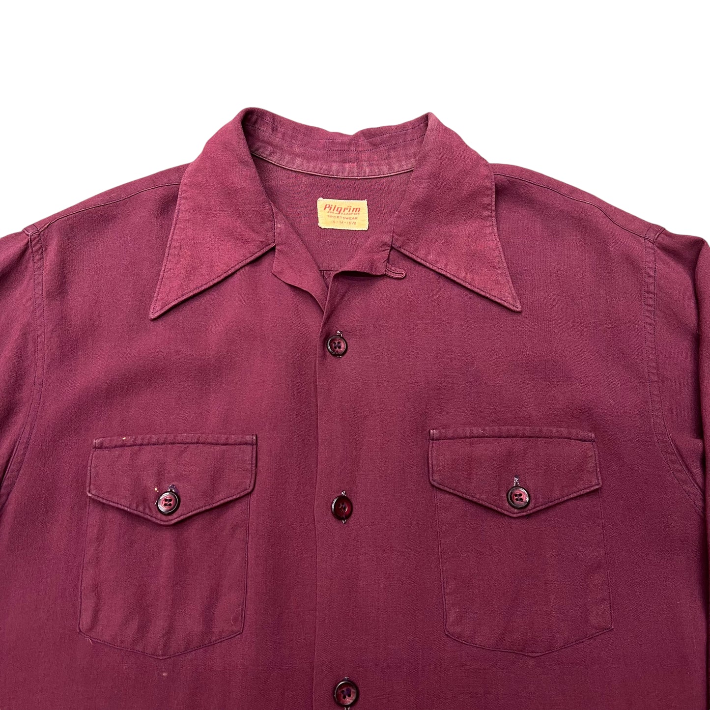 1940s Pilgrim burgundy rayon gabardine loop collar button up shirt (M)