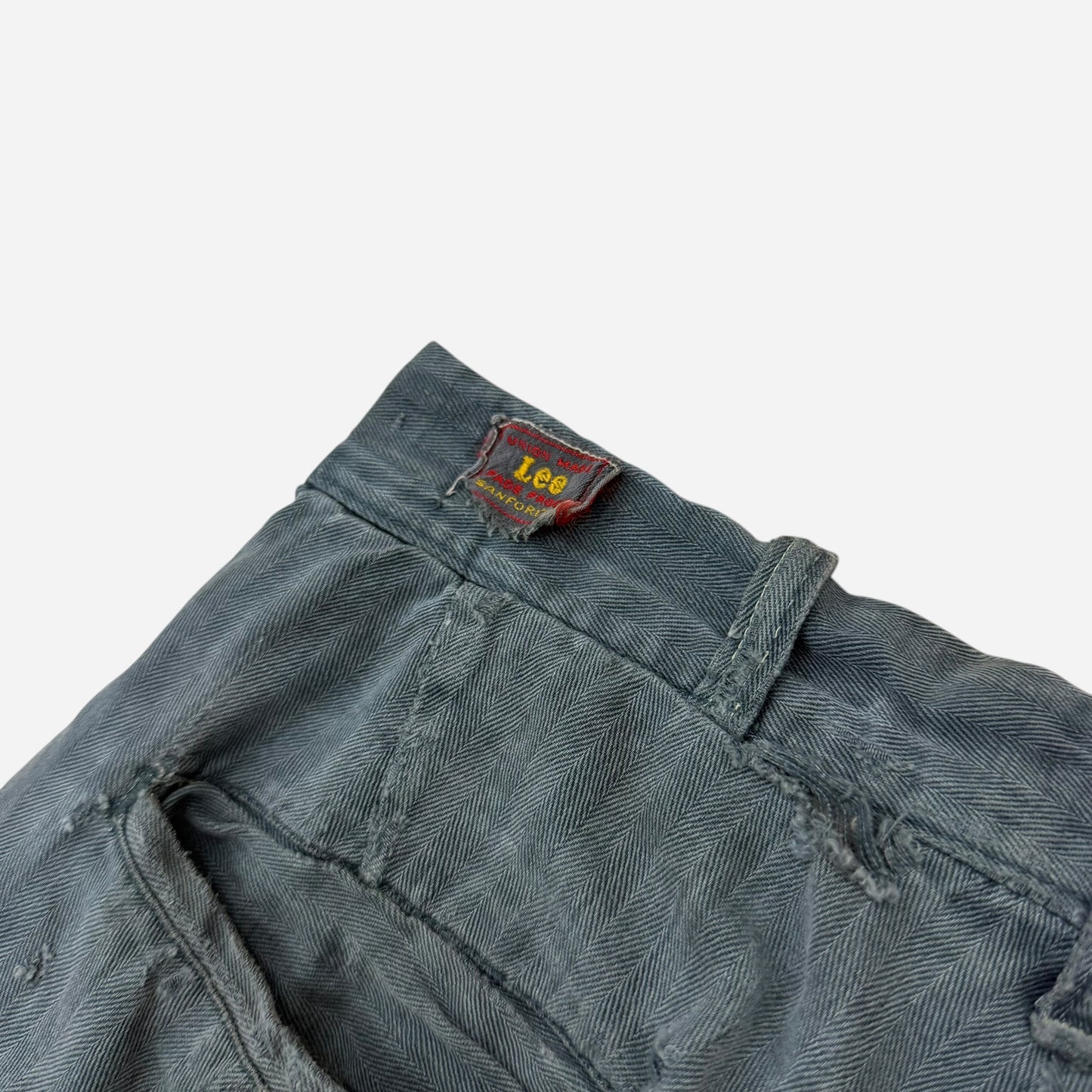 1950s Lee button fly cotton HBT green/blue repaired work pants (28w)