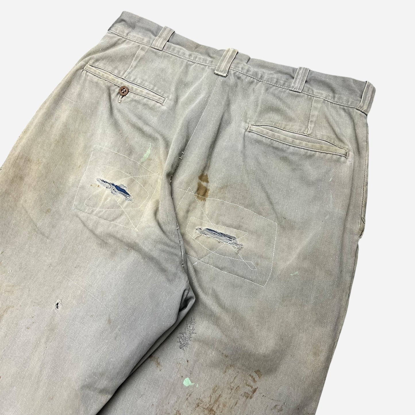 1950s Gray sail cloth repaired chino pants (29w)
