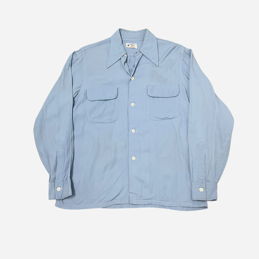 1950s Light blue rayon vangab flap pocket loop collar shirt (M/L)