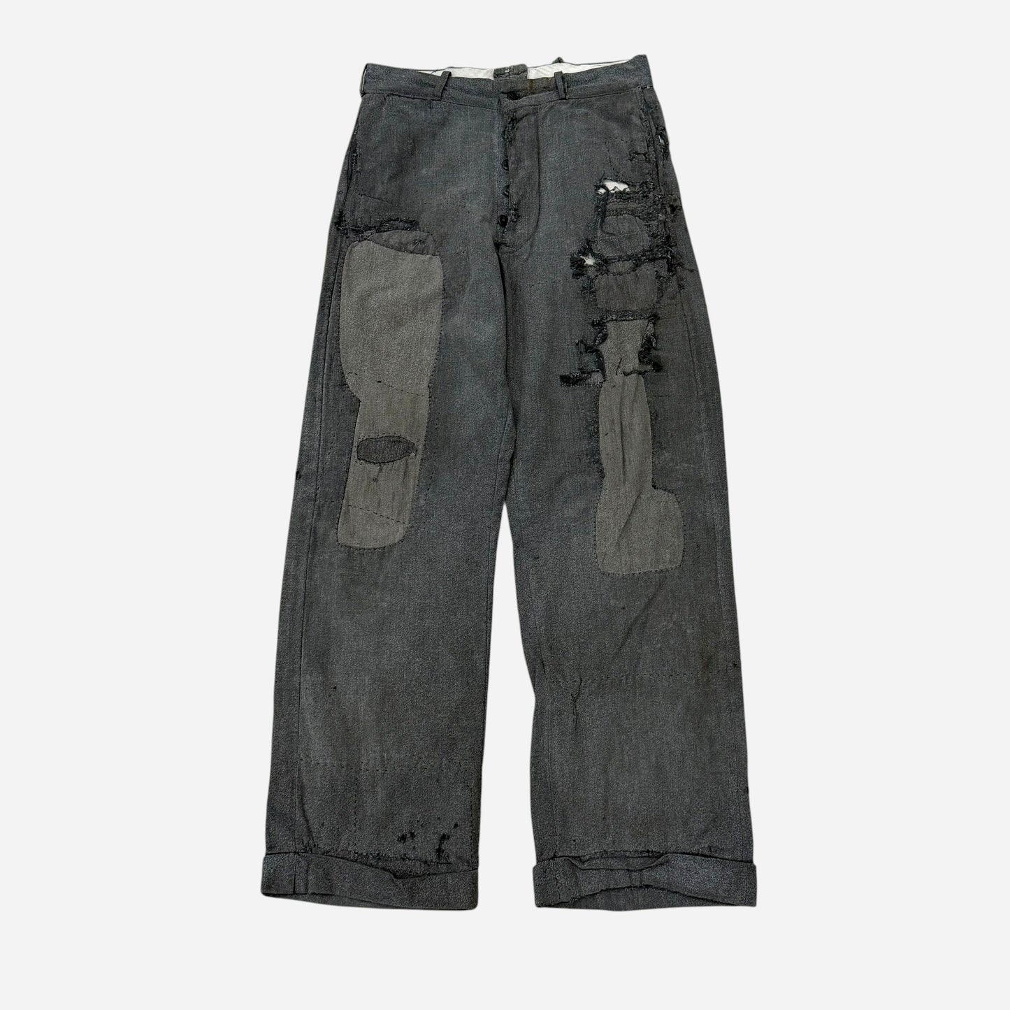 1940s Heavily repaired button fly salt & pepper cotton work pants (30w)