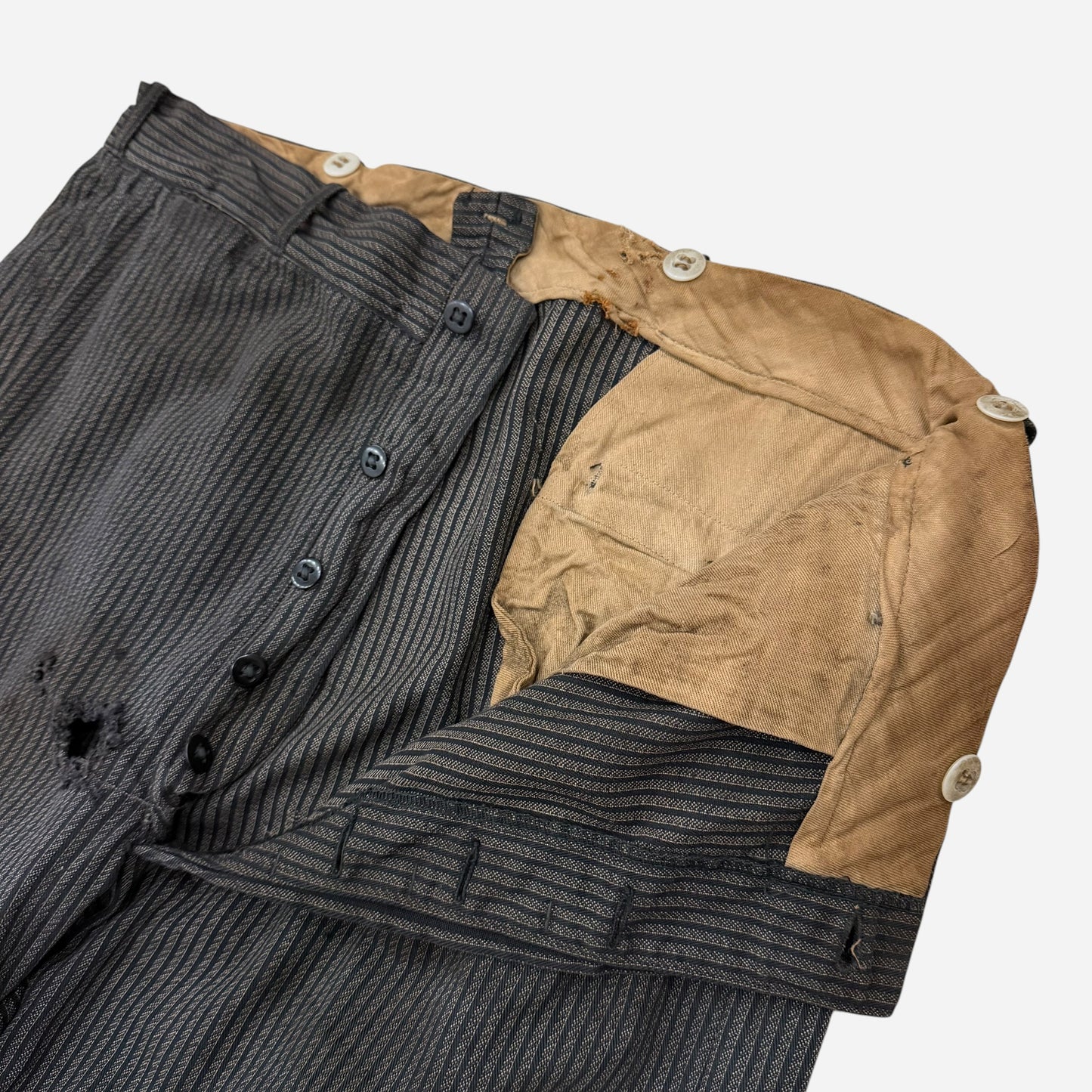 1930s Coltex striped cotton salt & pepper button fly work pants (34w)
