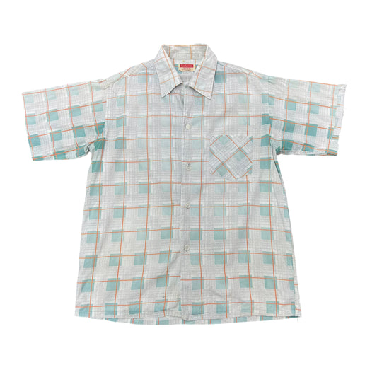 1940s Tom Sawyer sun faded plaid cotton loop collar shirt (M)