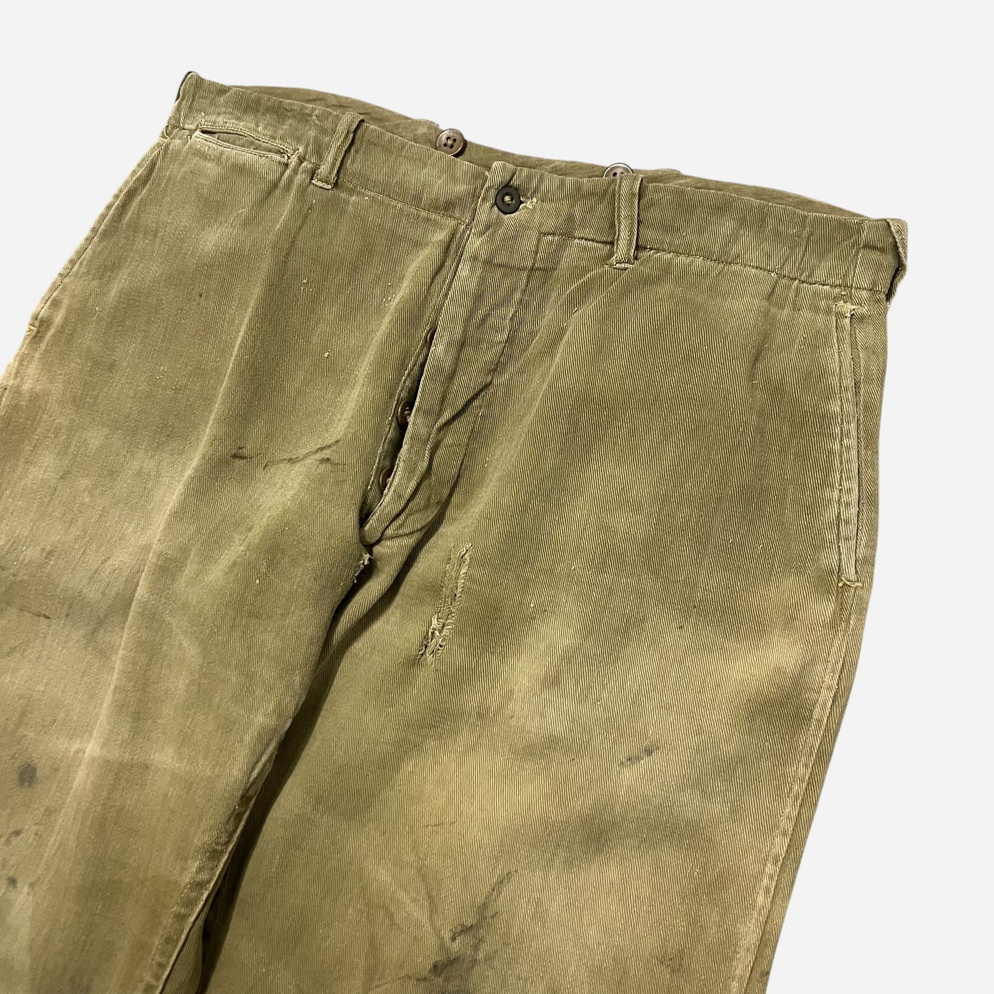 1930s Olive green light cotton match strike button fly pants (33w)
