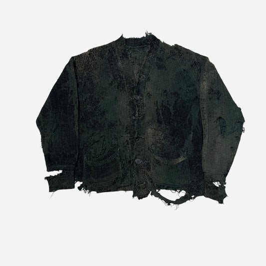1930s Thrashed green/black wool knit cardigan (L)