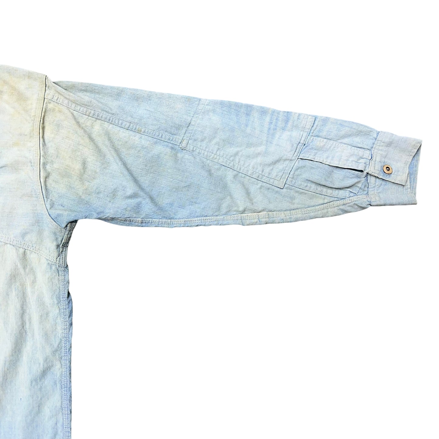 1920s Unknown brand sun faded chinstrap chambray work shirt (L)