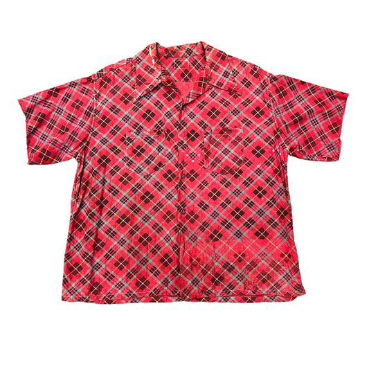 1950s Red cotton plaid loop collar shirt flannel (XL)