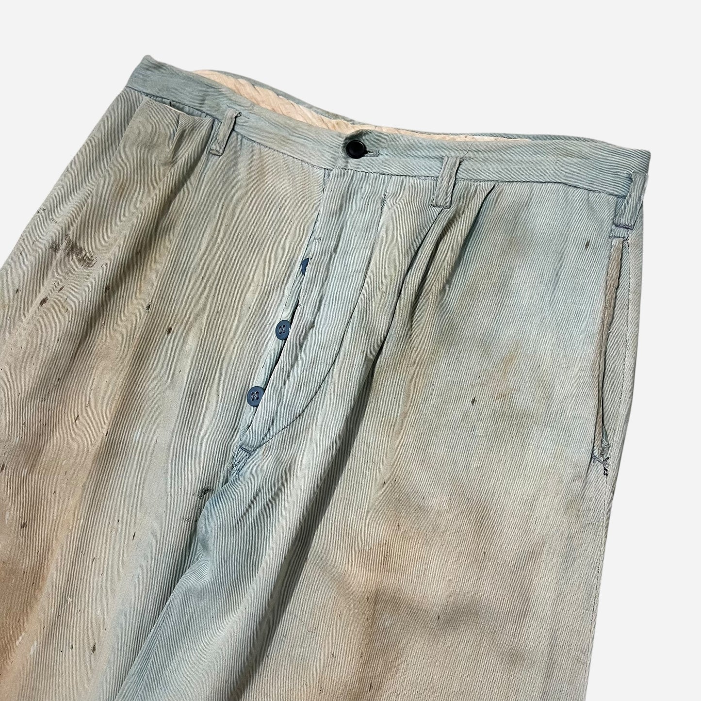 1940s Light cotton paint splatter blue button fly pants (30w)