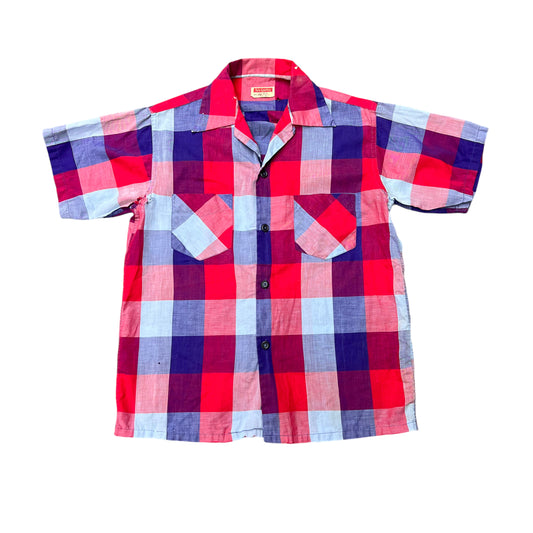 1950s Tom Sawyer red blue box plaid cotton loop collar shirt (S/M)