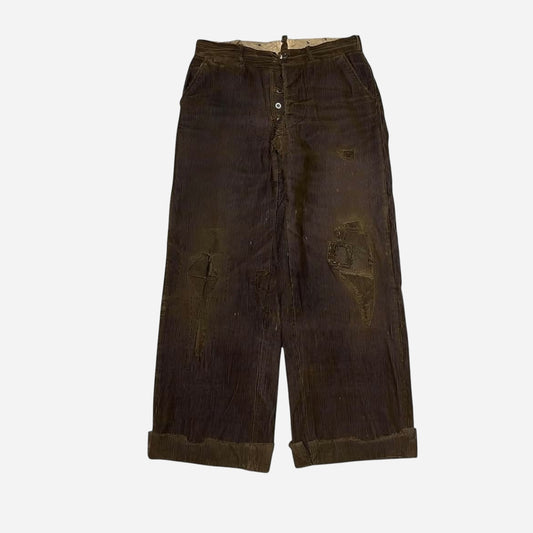 1920s Brown corduroy double button fly heavily repaired pants (32w)