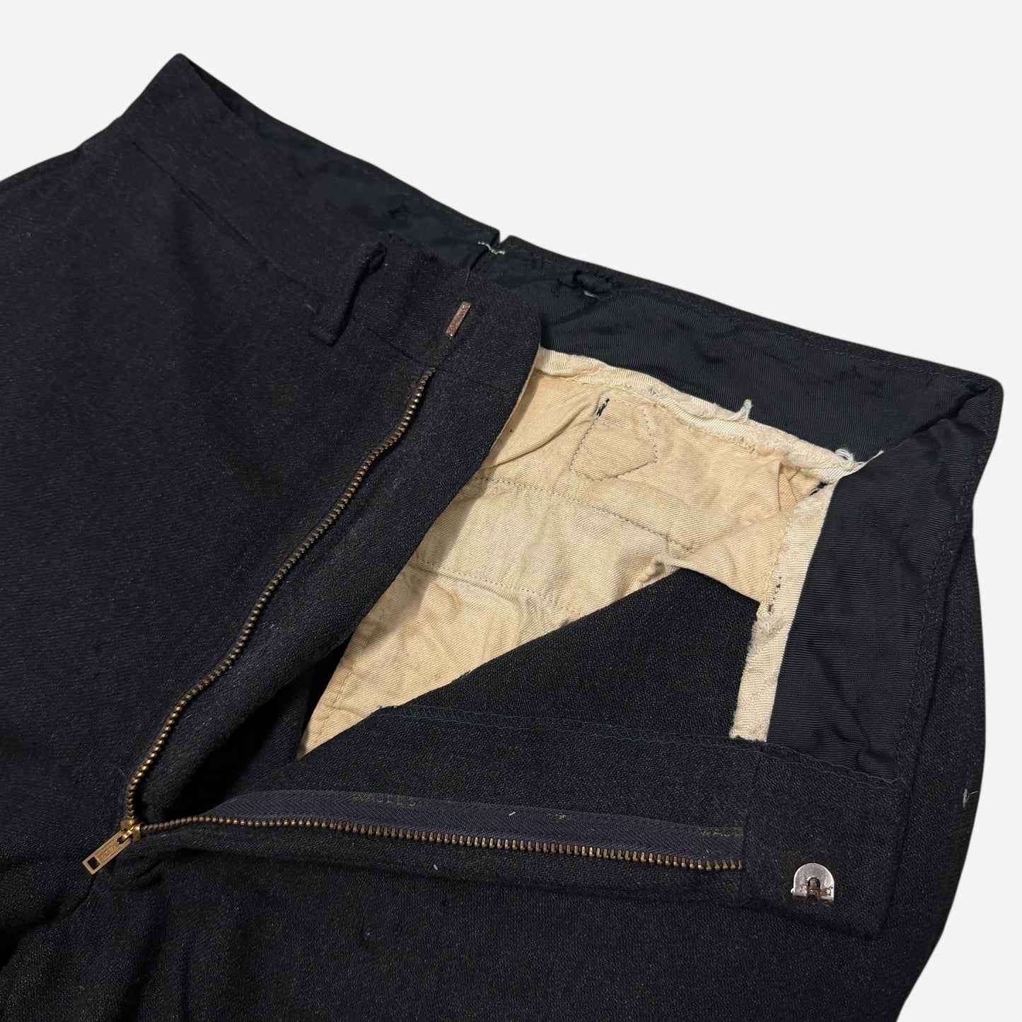 1950s Black wool/cotton blend buckle back drop loop trousers (29w)
