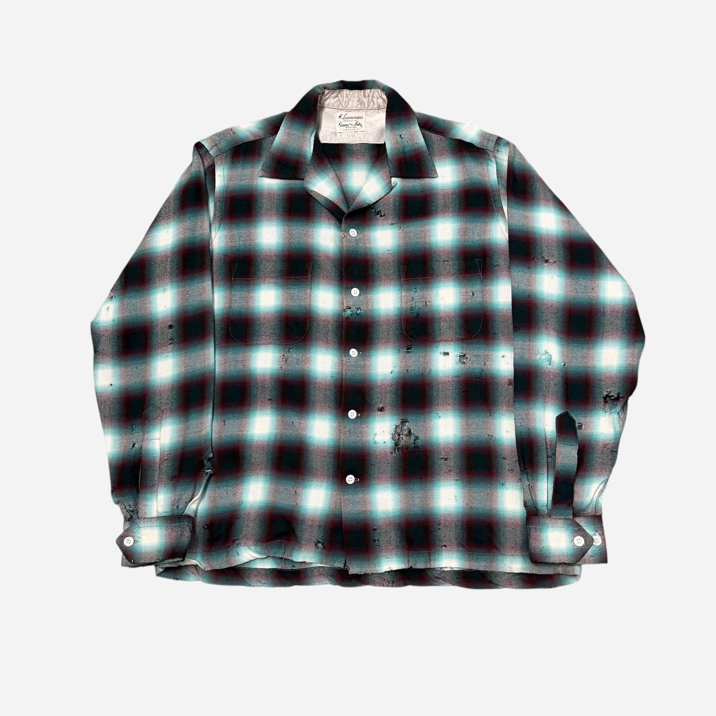 1950s Shadow plaid wool/rayon blend loop collar shirt (L/XL)
