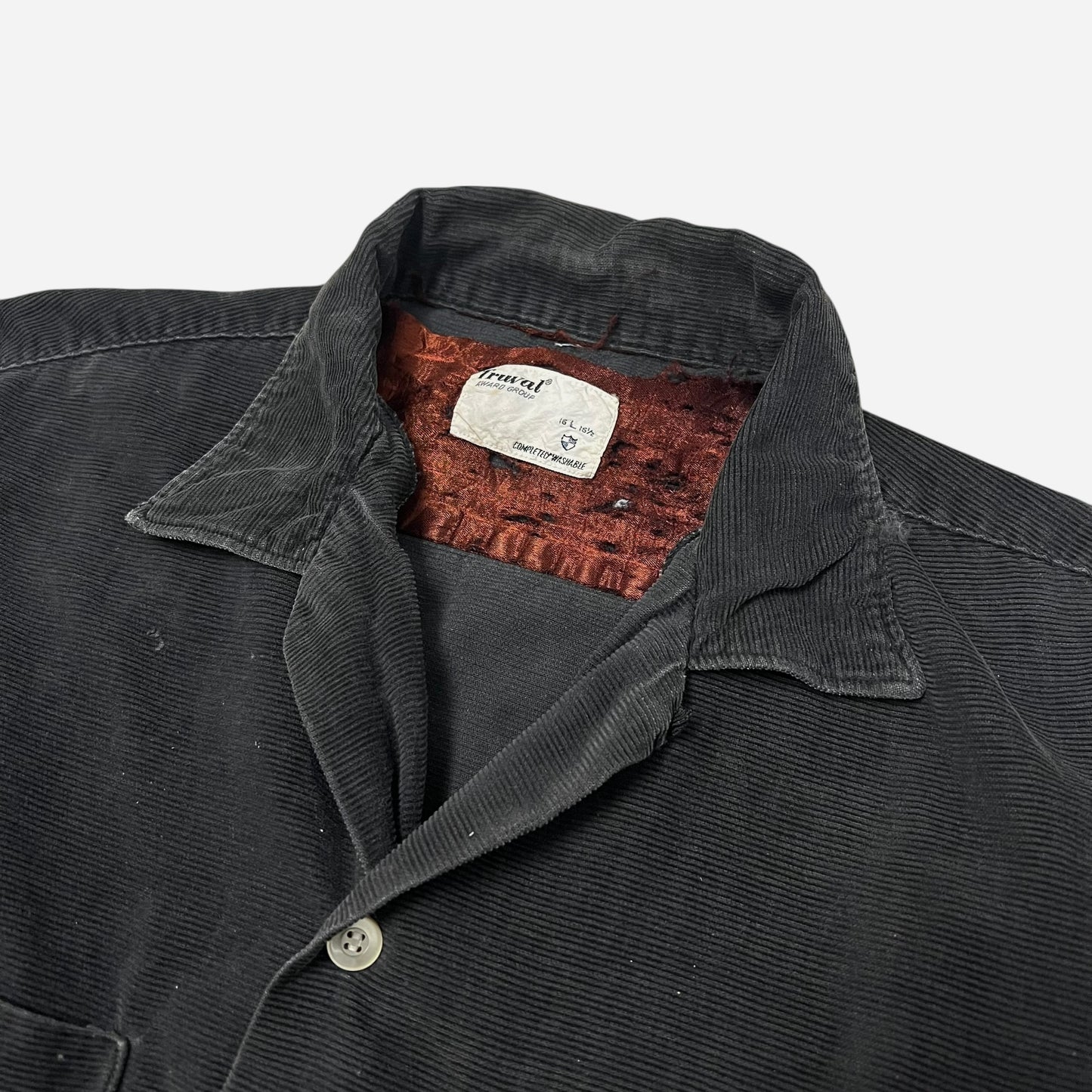1960s Black distressed corduroy loop collar shirt (L)