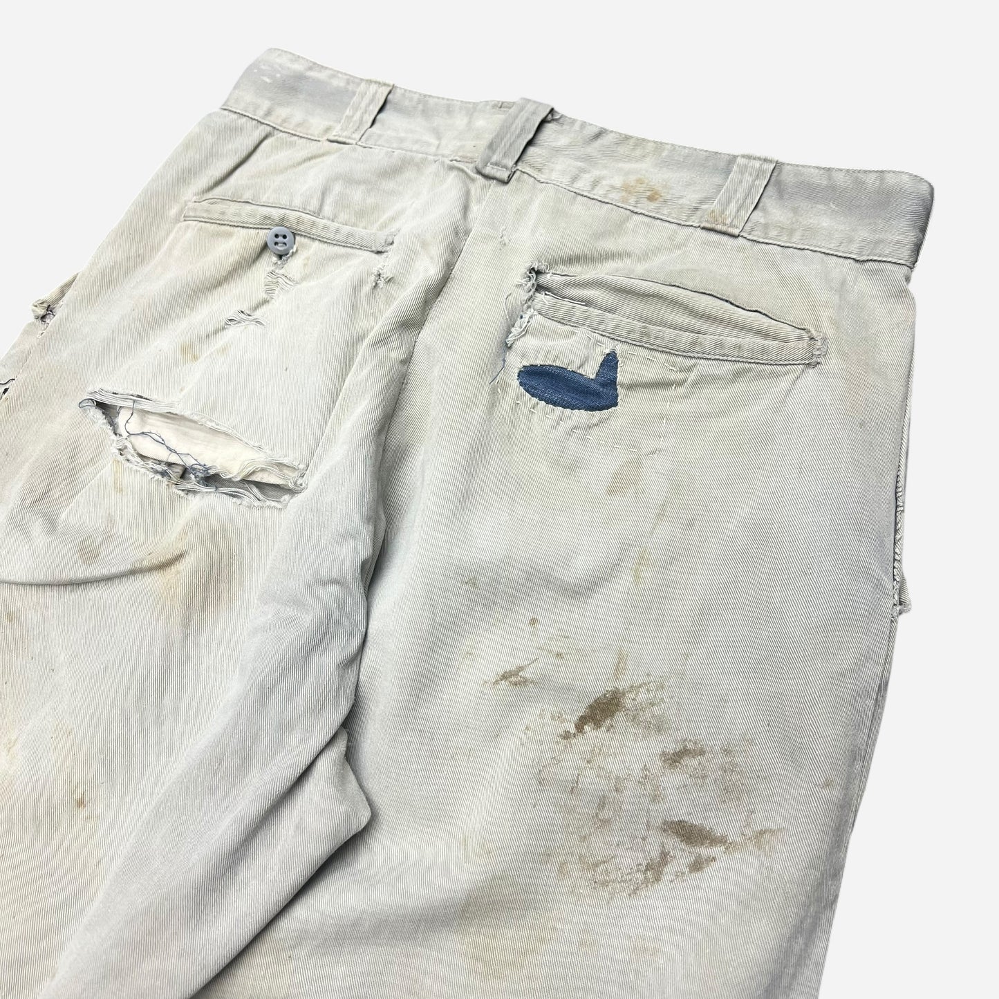 1950s Gray chino denim repaired work pants (29w)