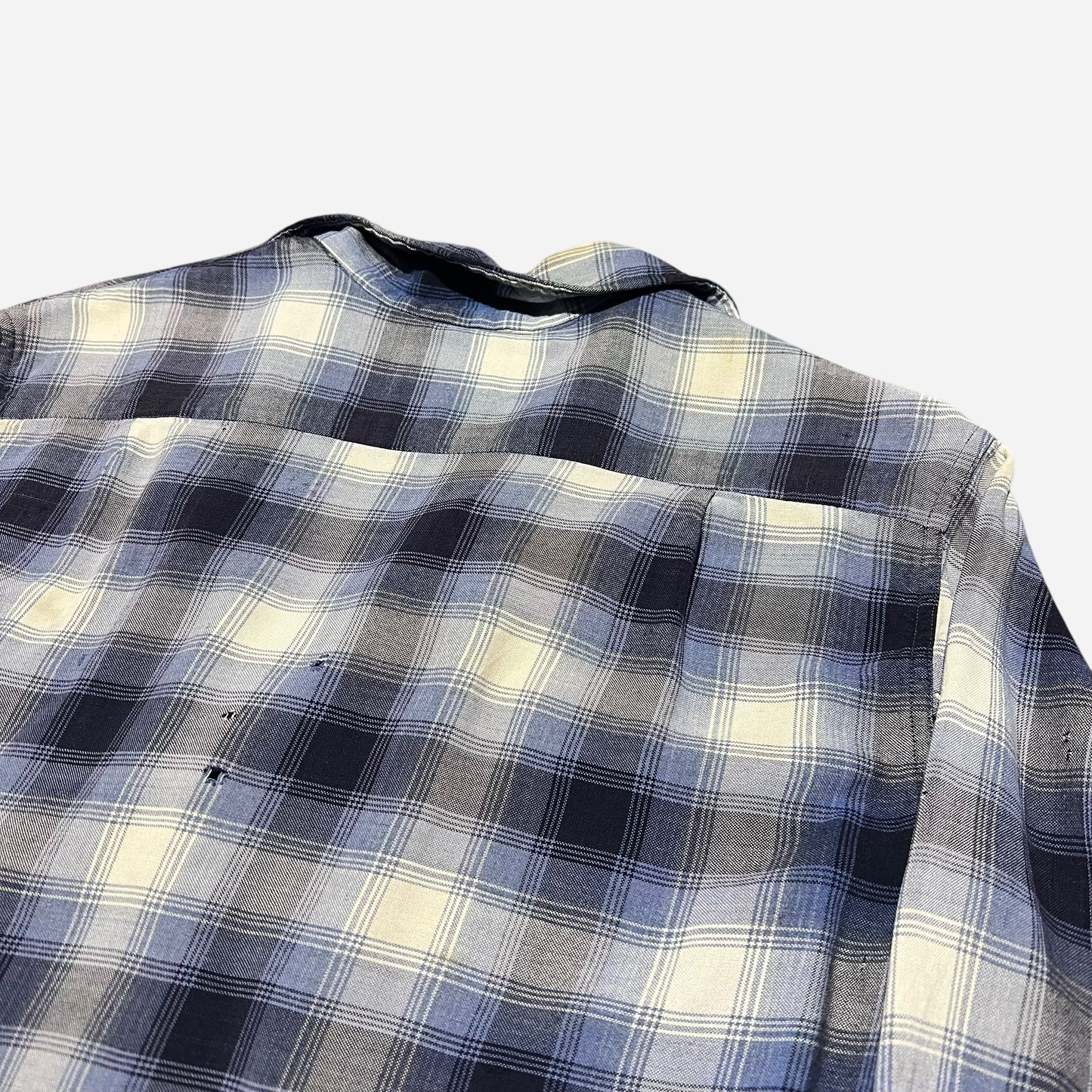 1960s Pilgrim blue shadow plaid rayon loop collar shirt (M)