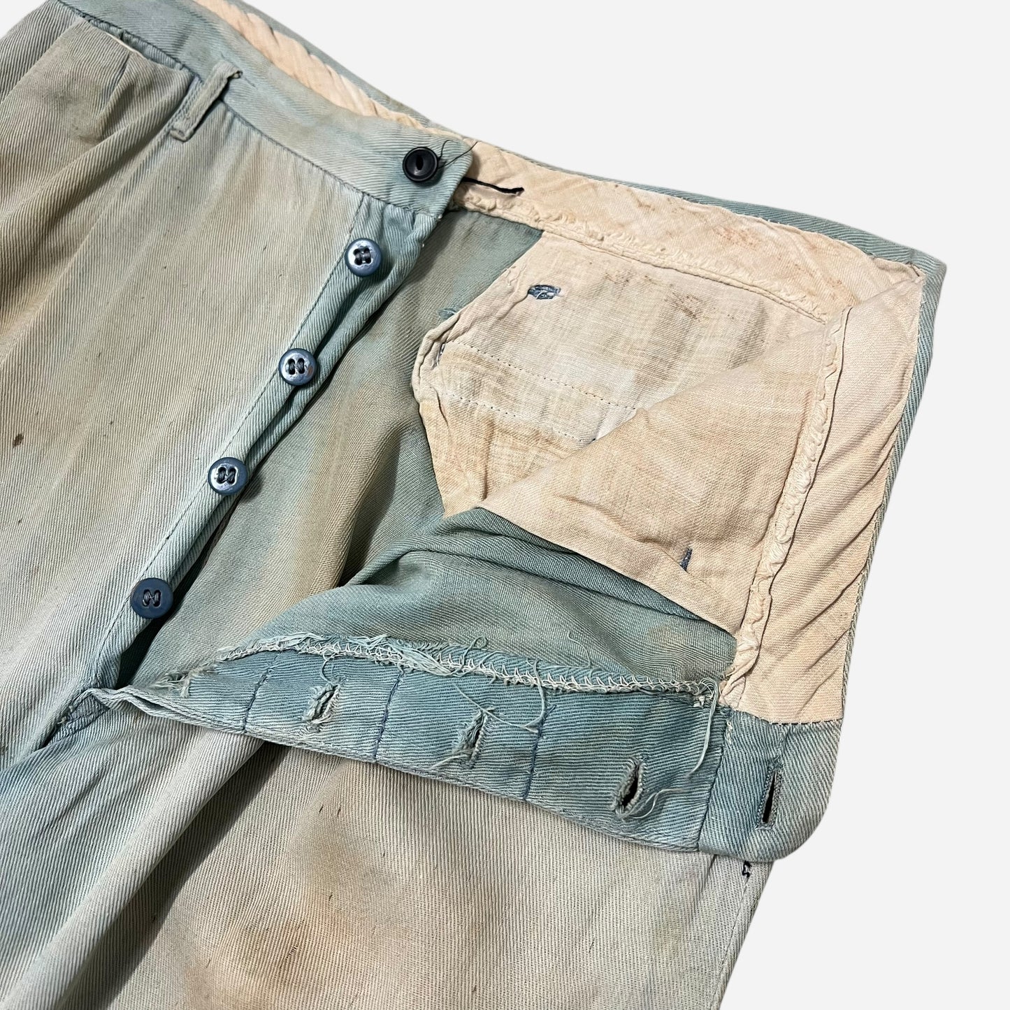 1940s Light cotton paint splatter blue button fly pants (30w)