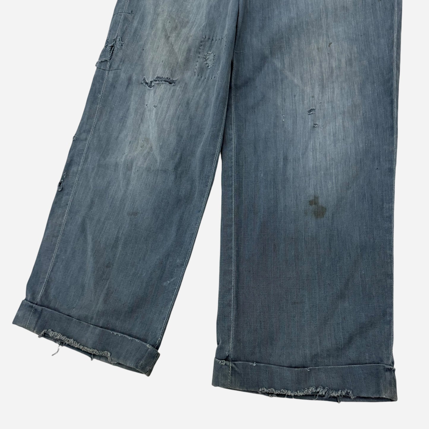 1950s Lee button fly cotton HBT green/blue repaired work pants (28w)