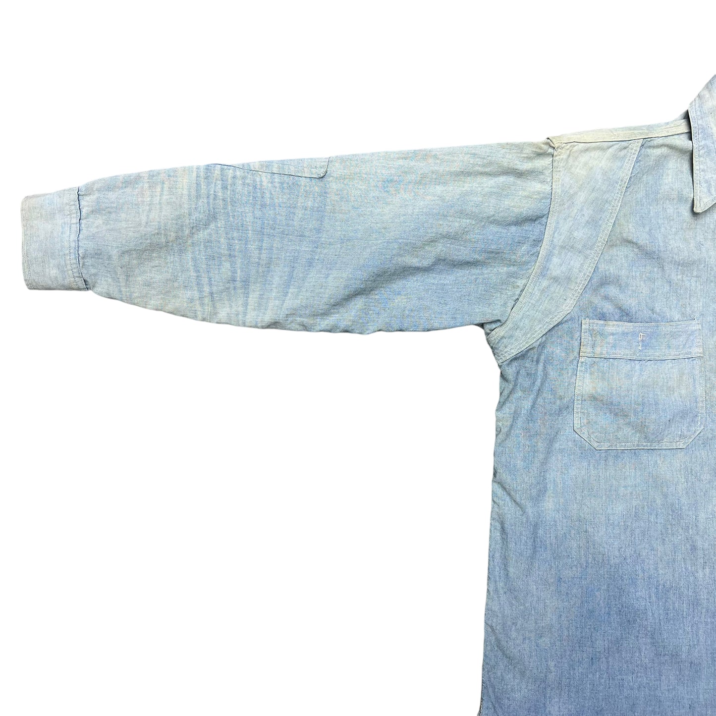 1920s Unknown brand sun faded chinstrap chambray work shirt (L)