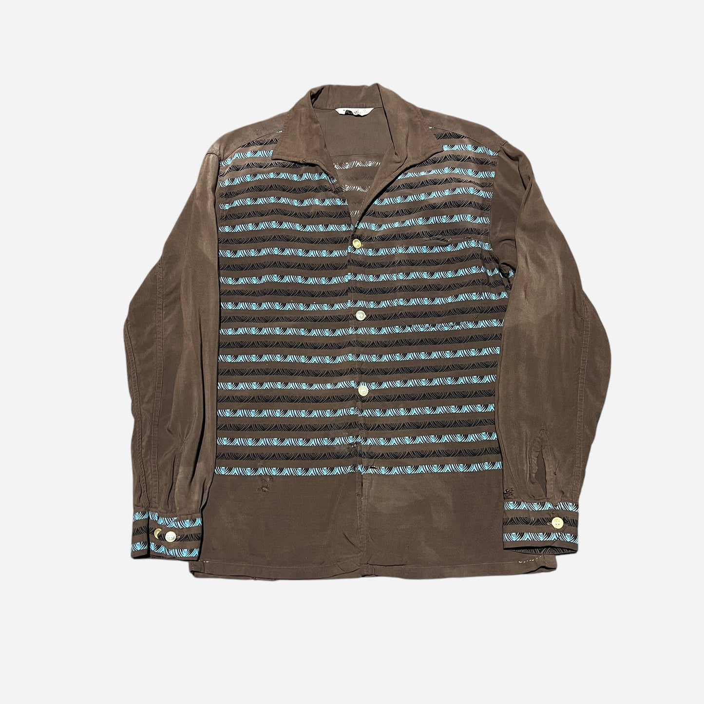 1950s Brown rayon novelty print continental loop collar shirt (M)