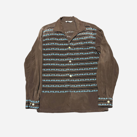 1950s Brown rayon novelty print continental loop collar shirt (M)