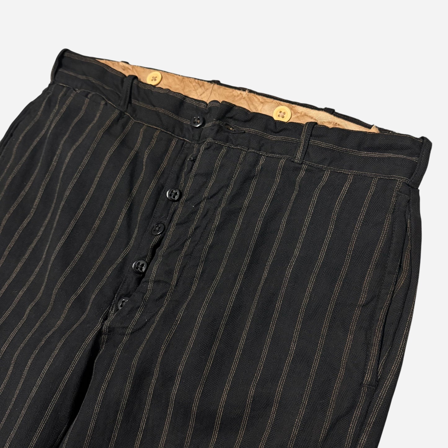 1930s Black cotton button fly striped pants (32w)