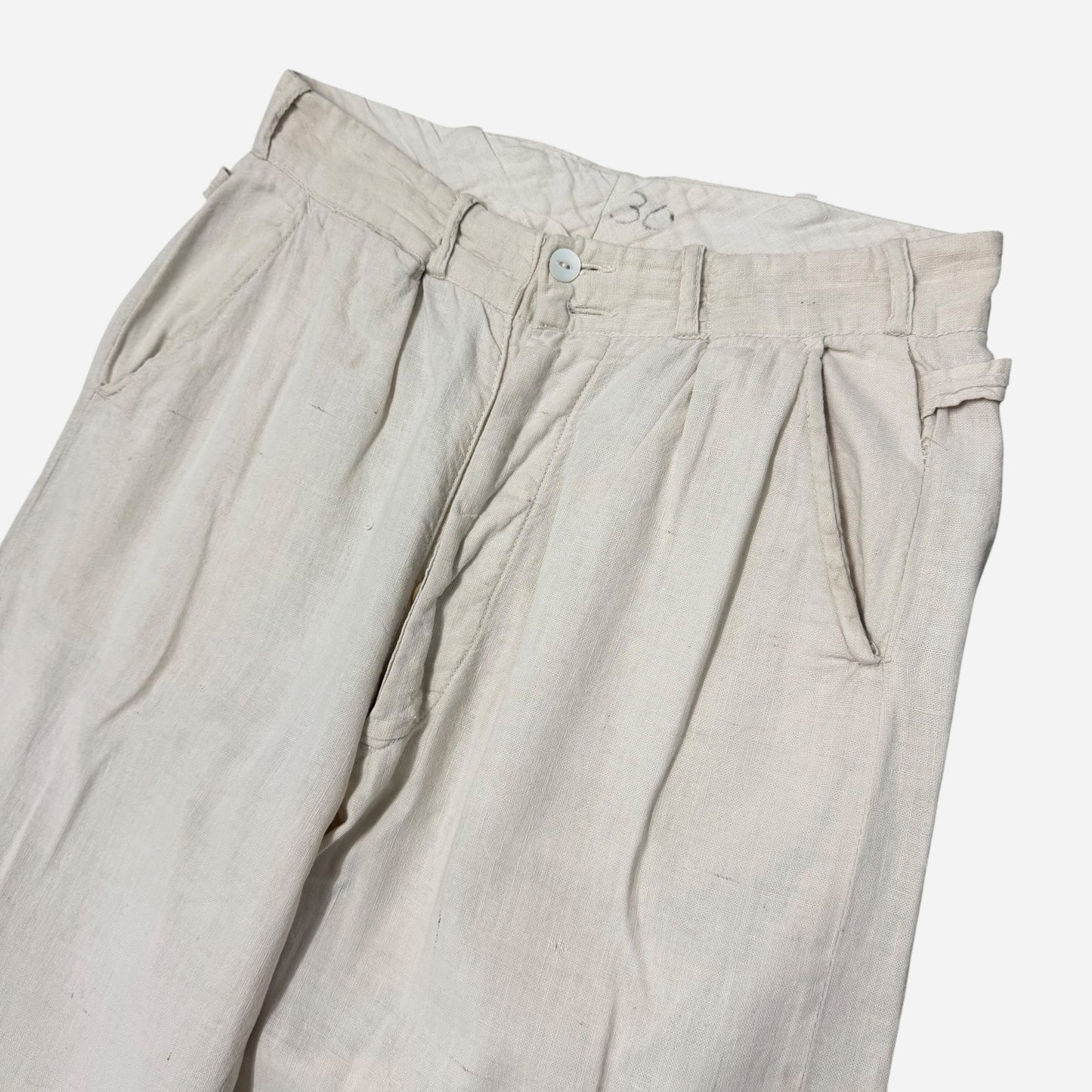 1930s Double button side cinch white cotton summer pants (29w)
