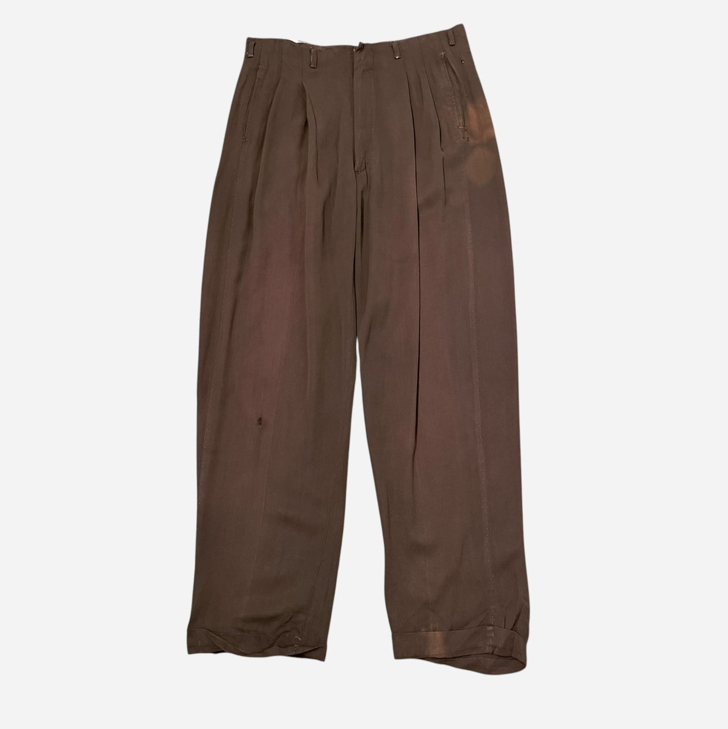 1950s Brown rayon pleated drop loop pants (32w)