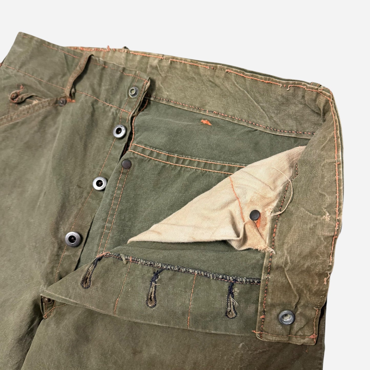 1940s “Ranch Man” green cotton donut button fly crotch rivet work pants (28w)