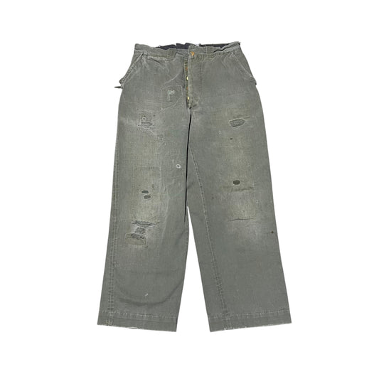 1950s Green canvas chino work pants hbt repair (31w)