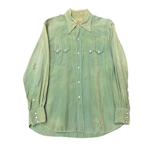 1940s H bar C green sun faded sawtooth distressed pearl snap shirt (L)