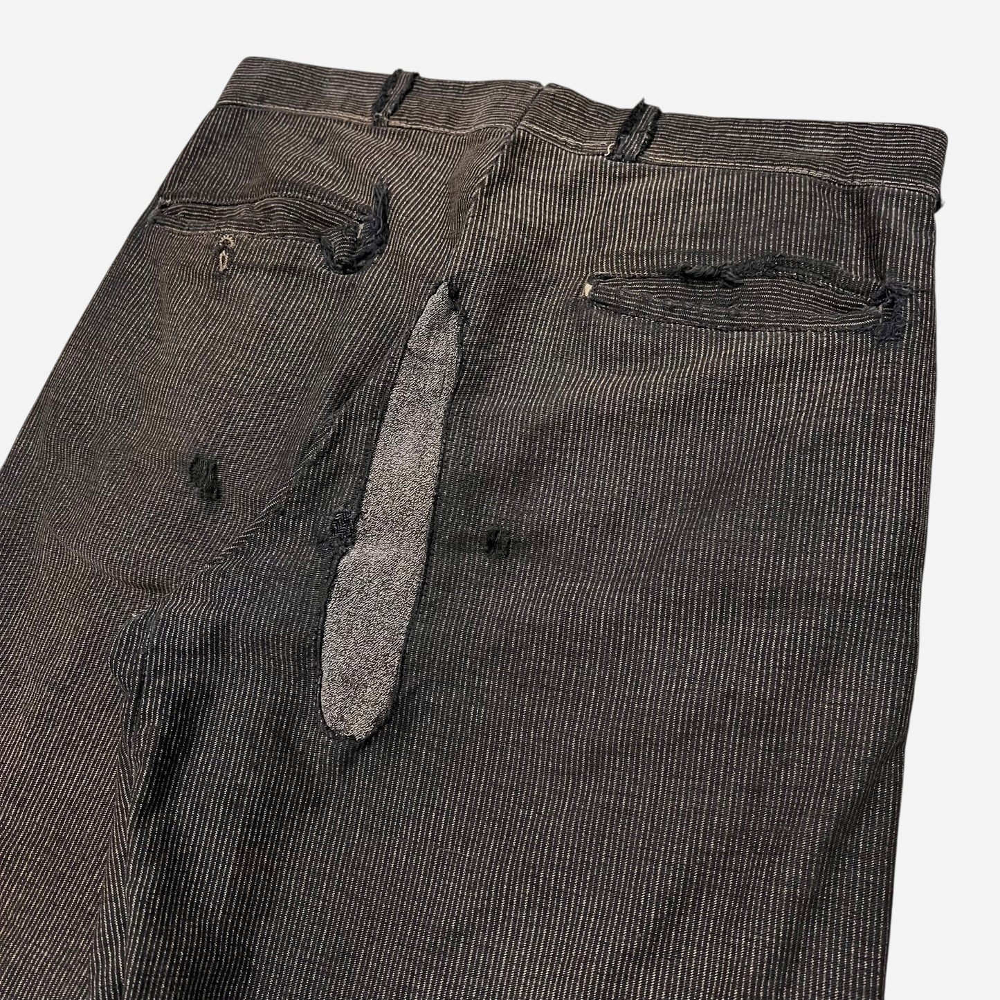 1930s Coltex striped cotton salt & pepper wood button fly repaired work pants (30w)