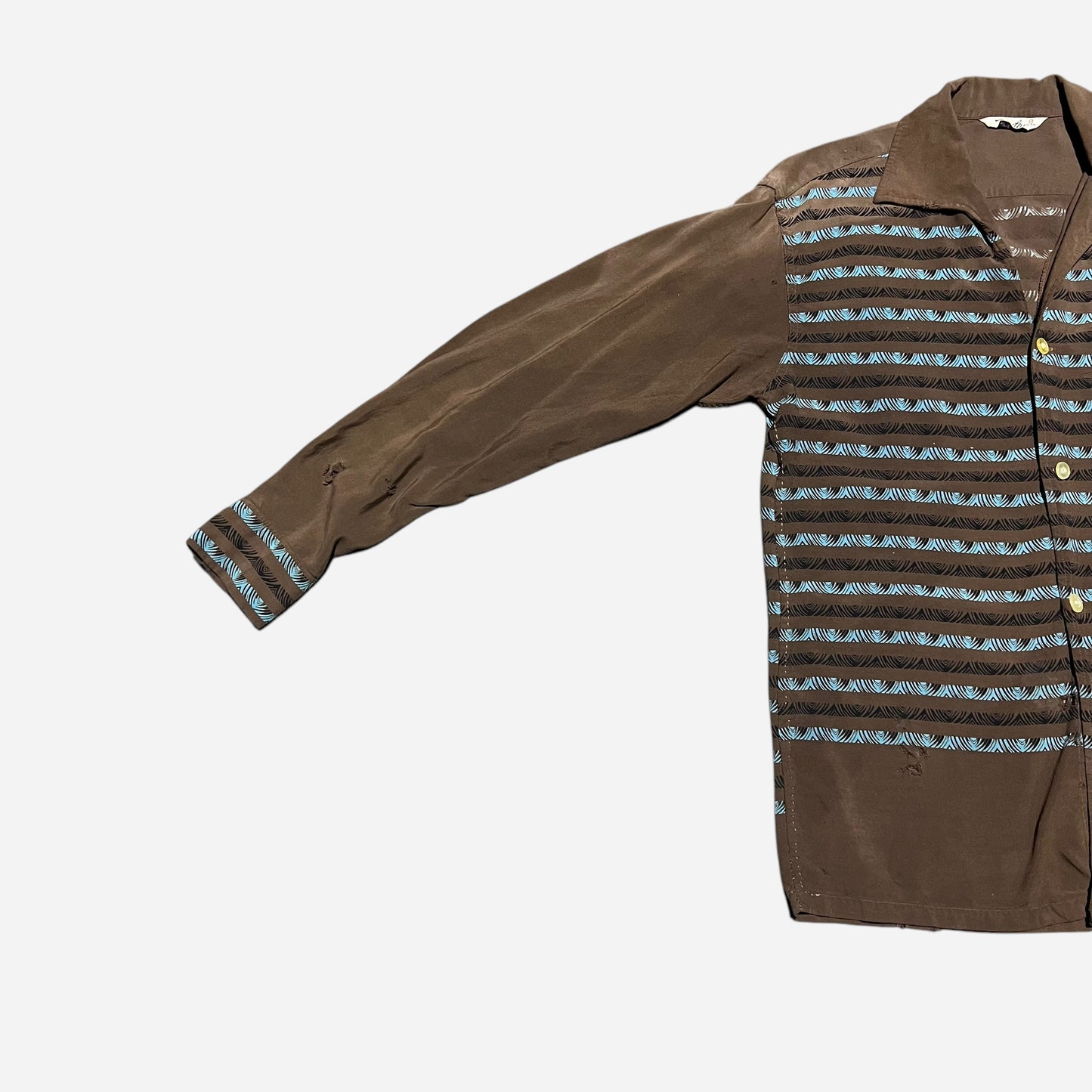 1950s Brown rayon novelty print continental loop collar shirt (M)