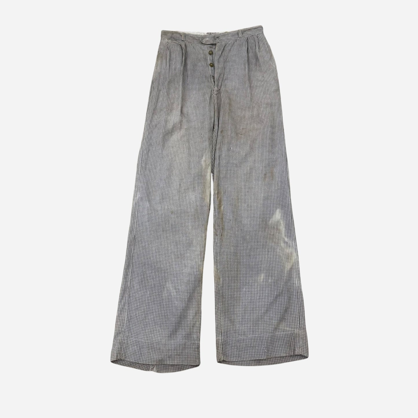 1930s Black and white cotton grid pattern side cinch button fly pants (28w)