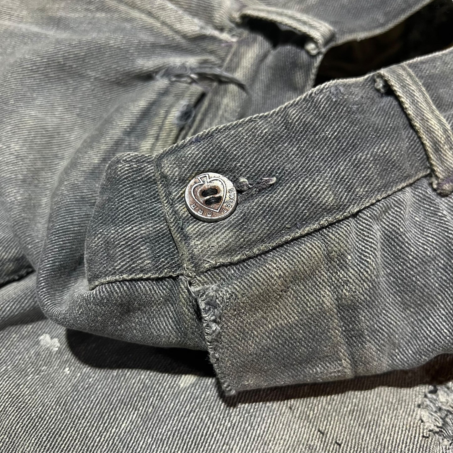 1940s Sweet Orr Ace button black sun faded denim/twill cotton repaired pants (30w)