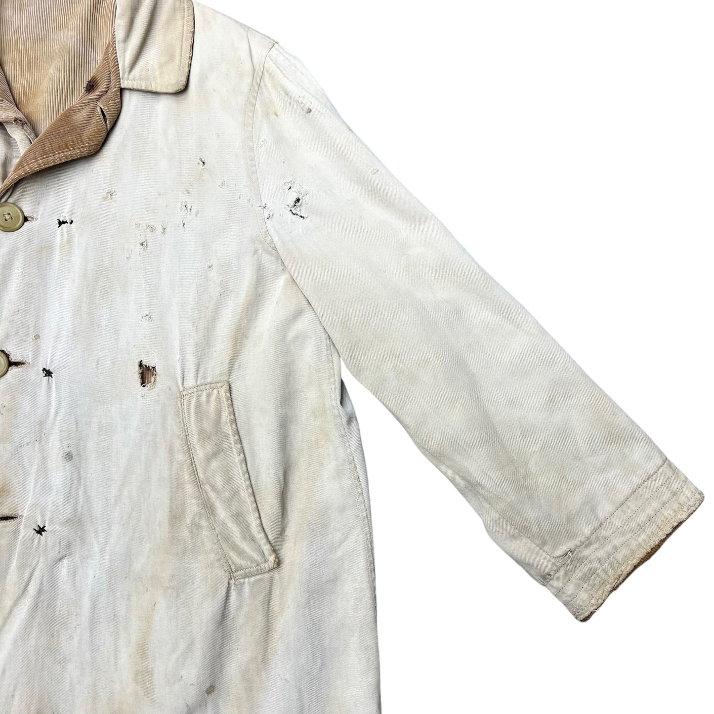 1910s 1920s Distressed & sun faded corduroy/canvas reversible overcoat (L)