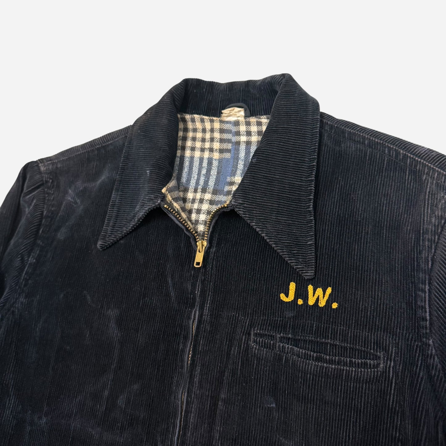 1950s Black corduroy chainstitch mechanic jacket cotton plaid liner (M/L)