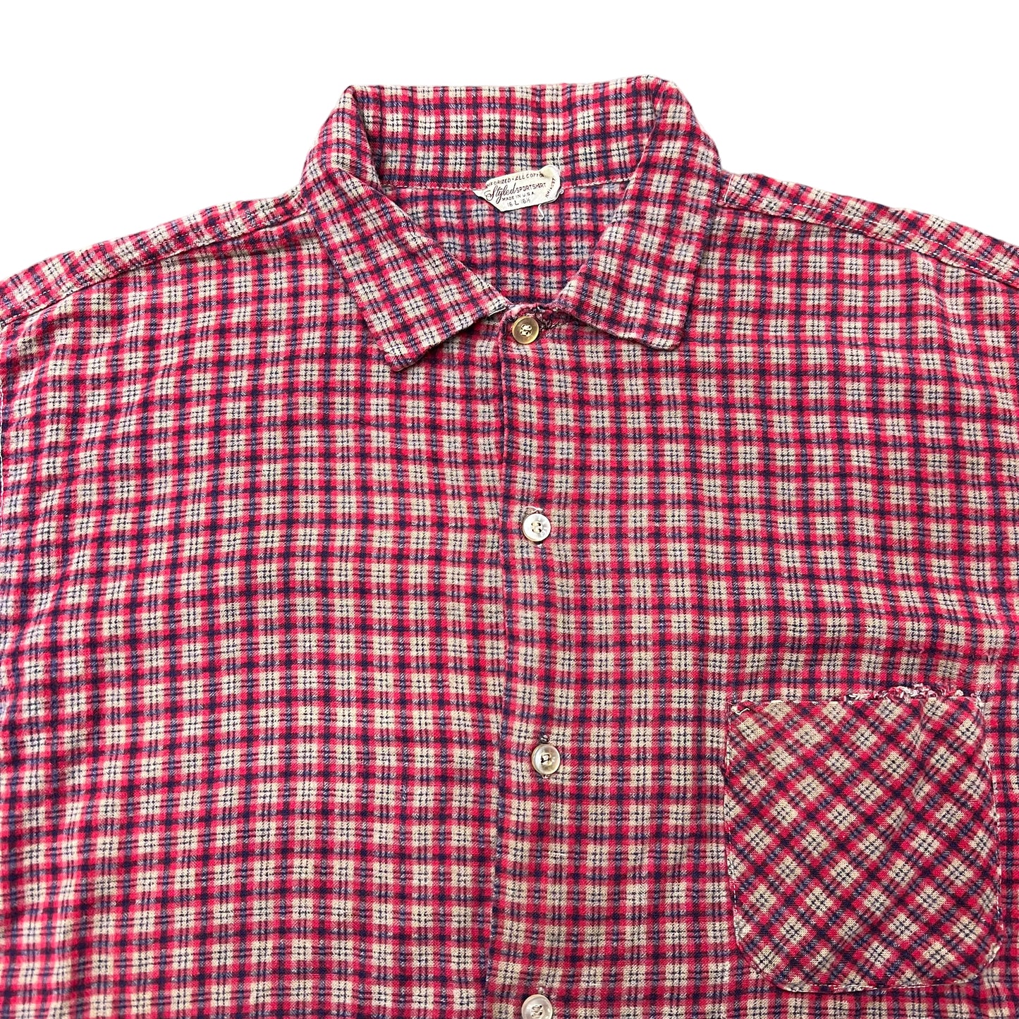 1950s Red cotton plaid print flannel (M/L)