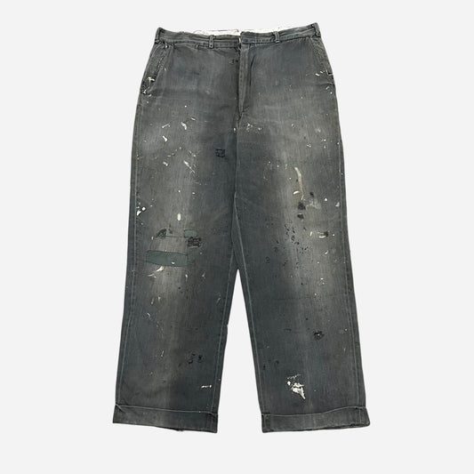 1950s Sun faded black paint splattered & repaired chino work pants (32w)