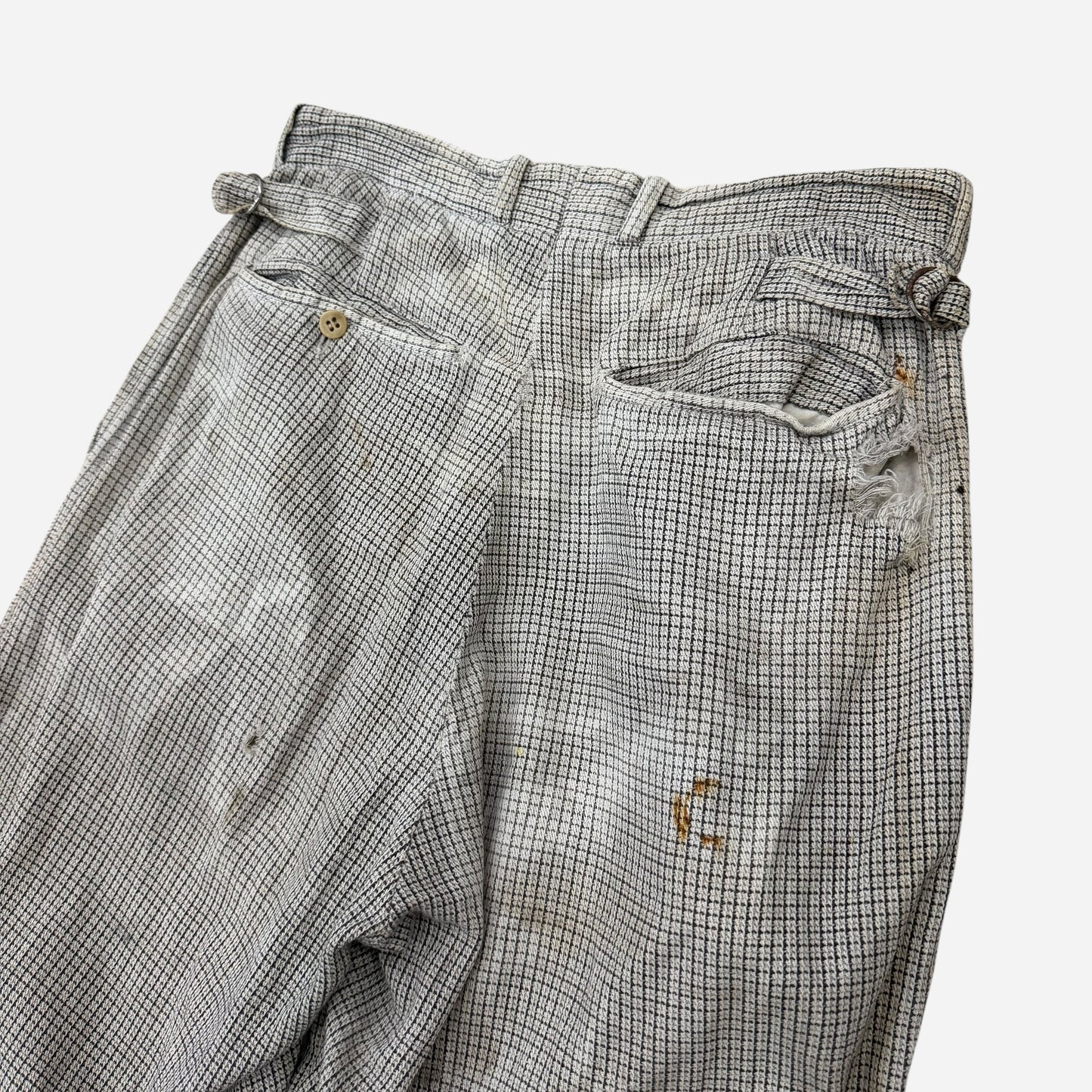1930s Black and white cotton grid pattern side cinch button fly pants (28w)