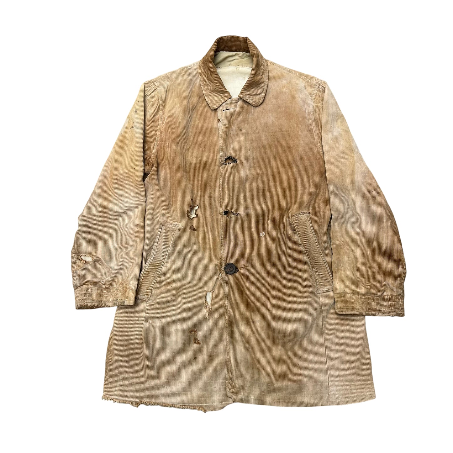 1910s 1920s Distressed & sun faded corduroy/canvas reversible overcoat (L)