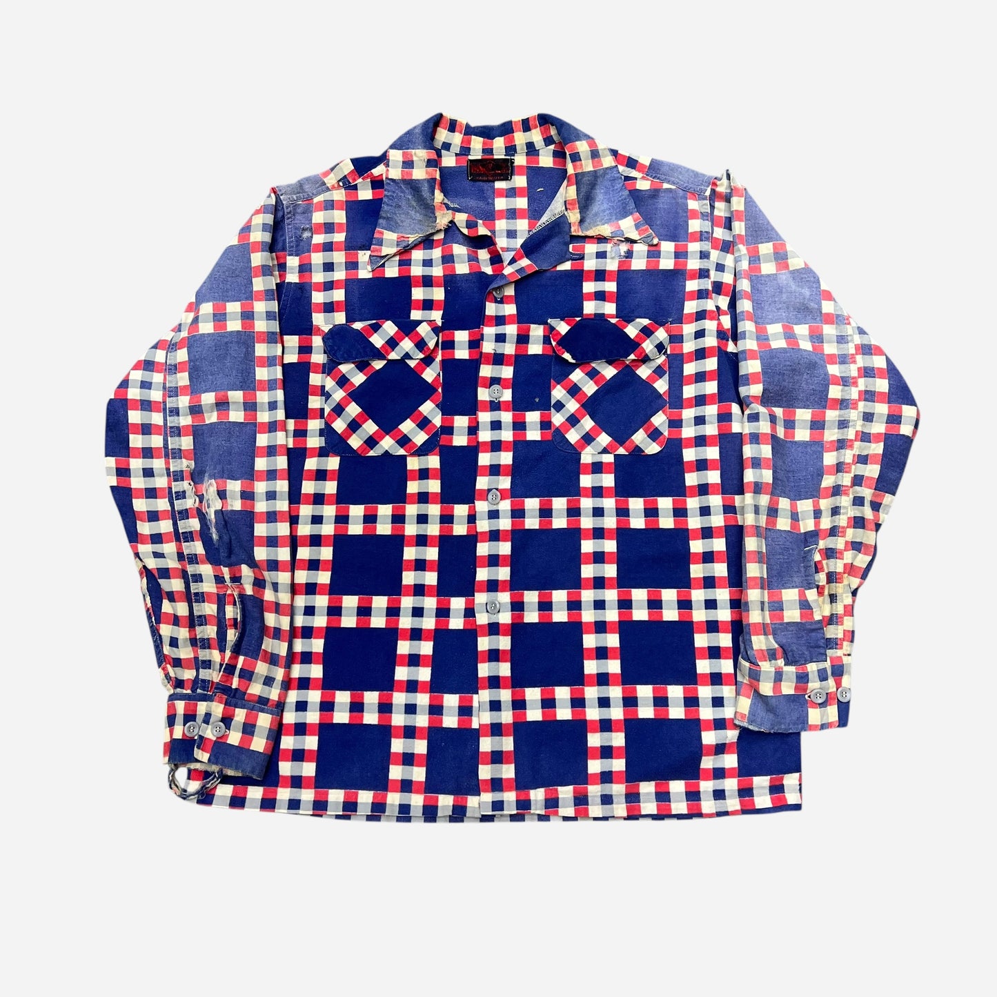1940s Big Yank Yankshire cotton printed plaid flannel loop collar shirt farmer worn (L)