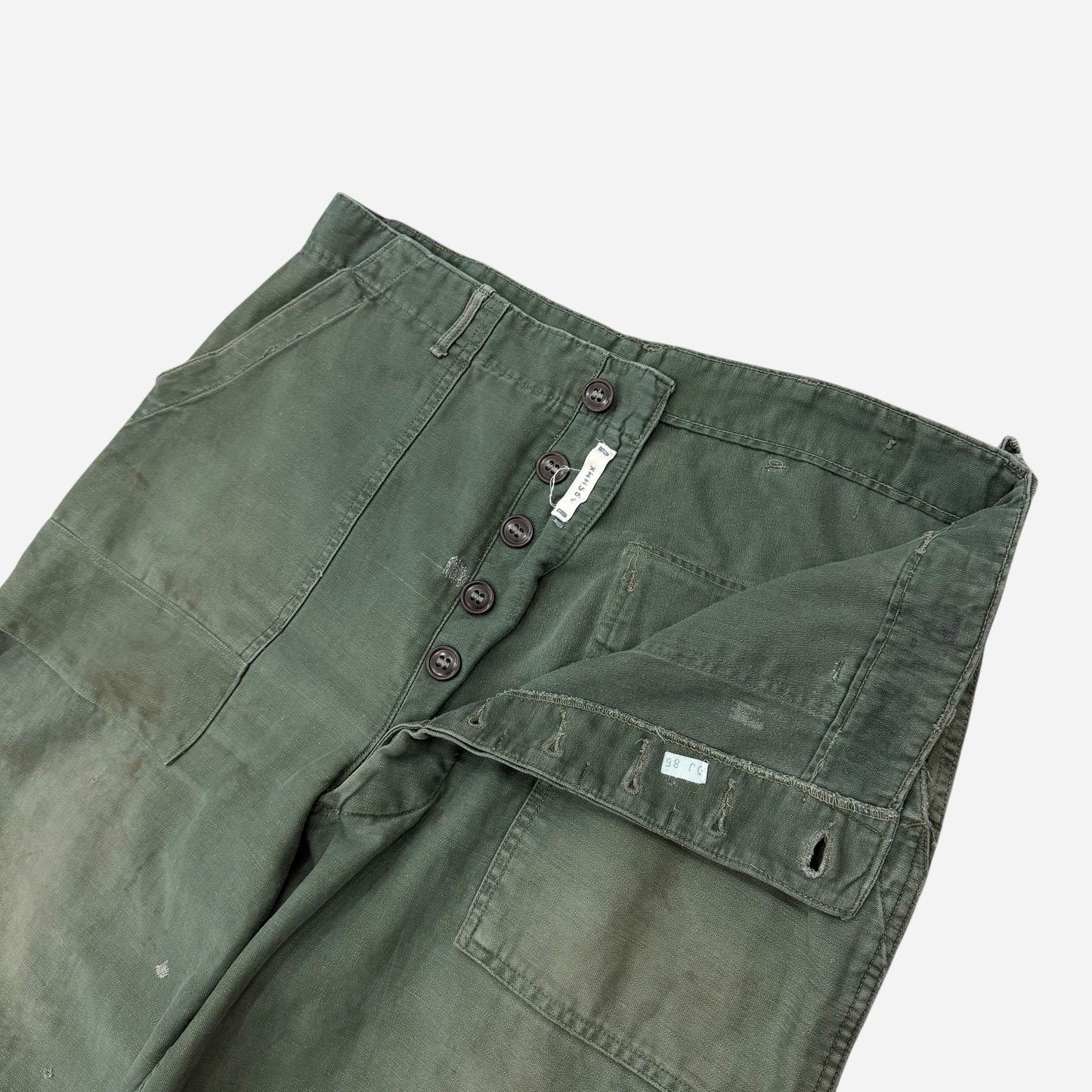 1960s Sun faded & repaired OG 107 US army fatigue pocket pants (35w)