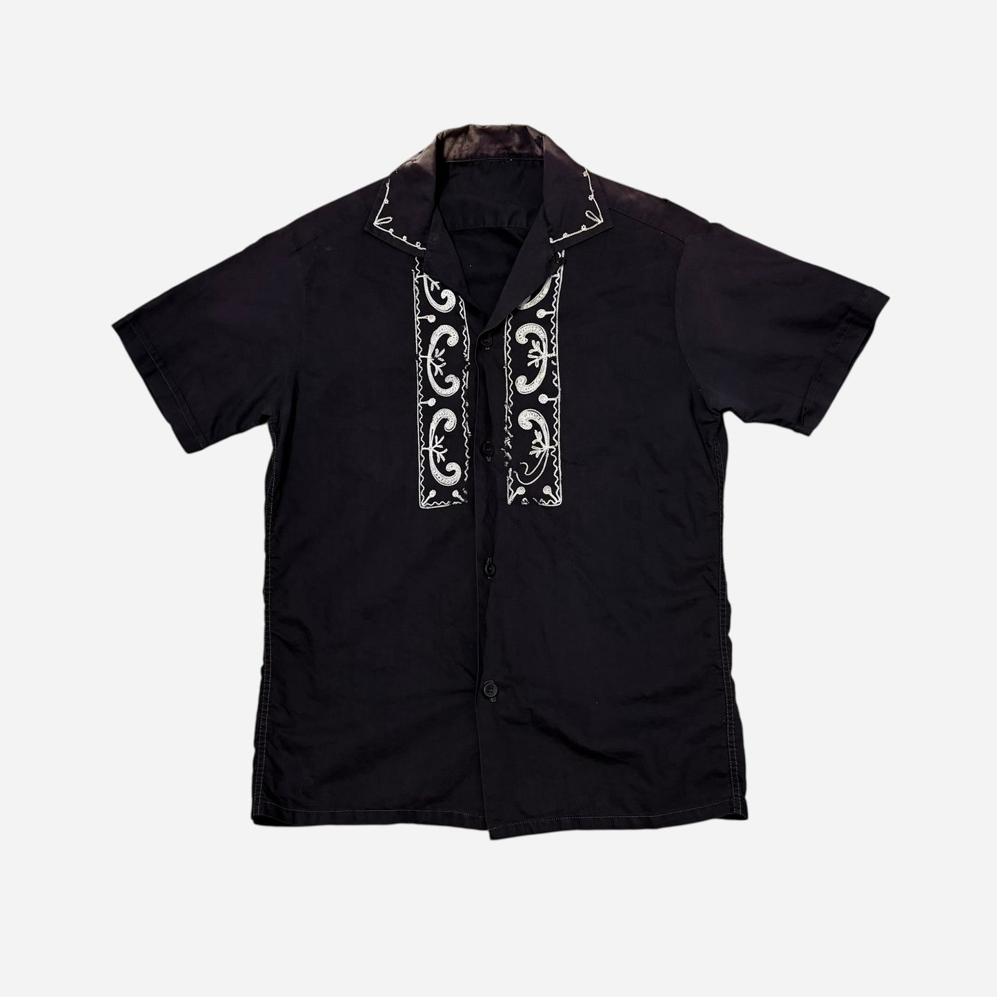 1950s Black cotton guayabera loop collar shirt (S/M)