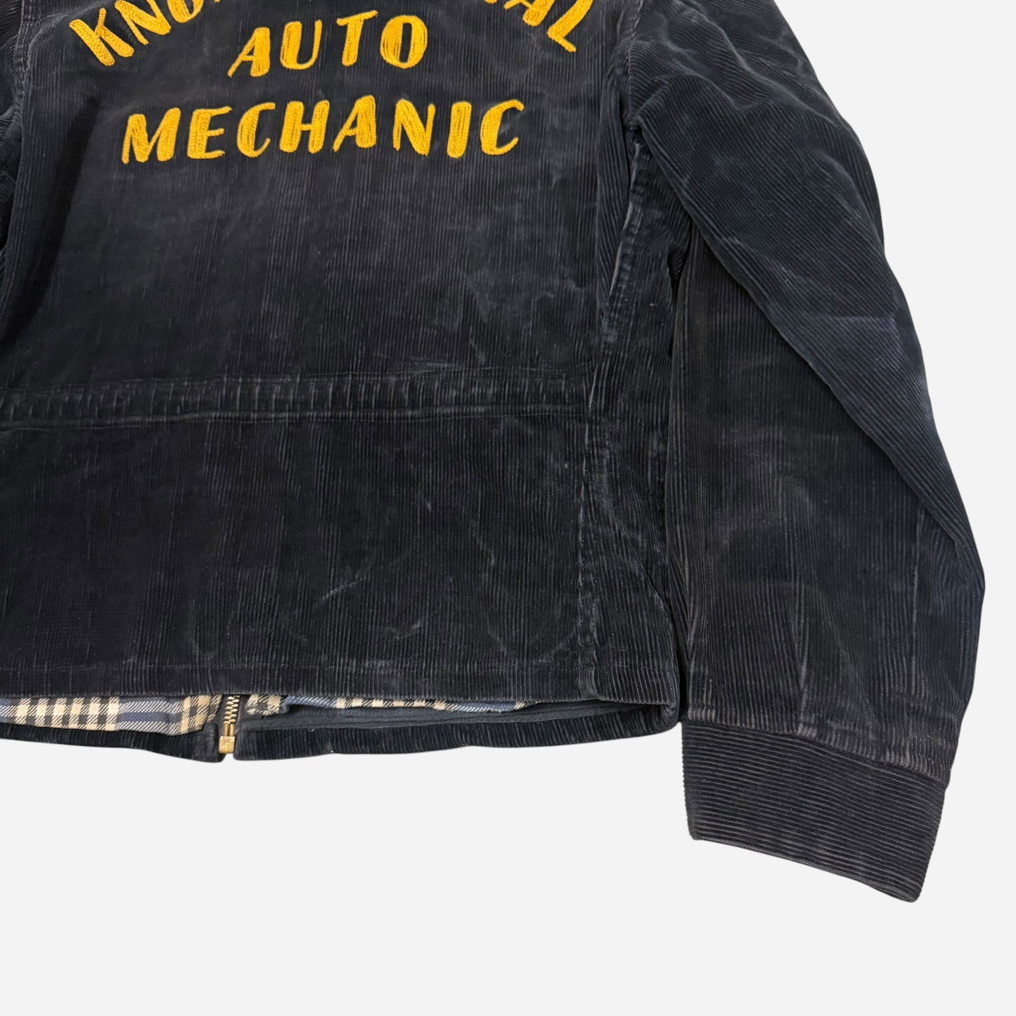 1950s Black corduroy chainstitch mechanic jacket cotton plaid liner (M/L)