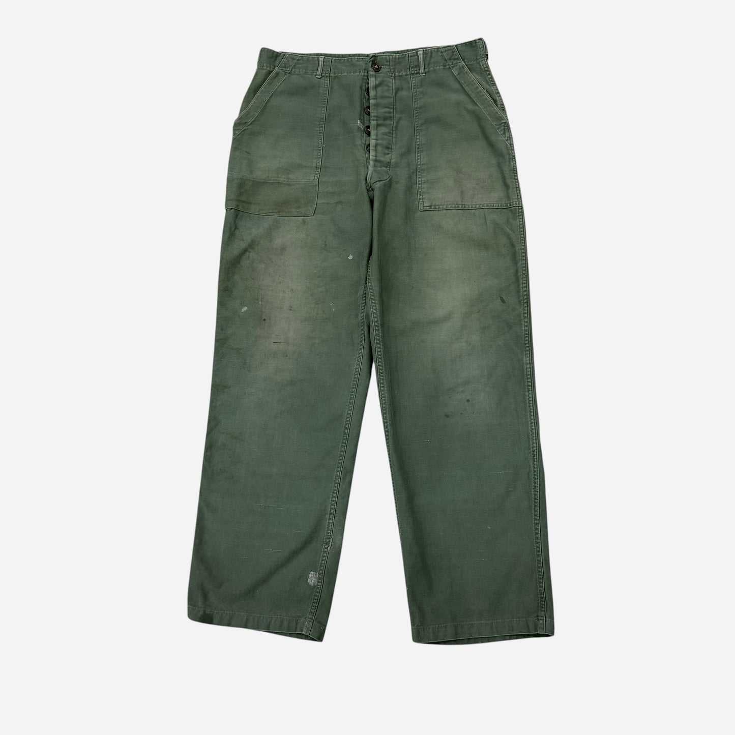 1960s Sun faded & repaired OG 107 US army fatigue pocket pants (35w)