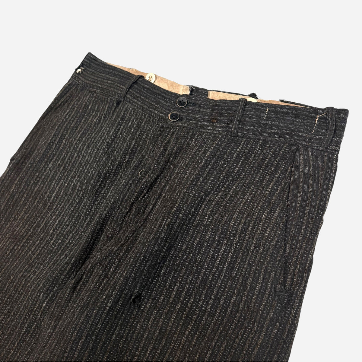 1930s Striped salt & pepper cotton/linen double button fly pants (31w)