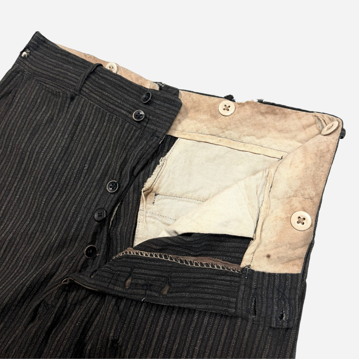 1930s Striped salt & pepper cotton/linen double button fly pants (31w)